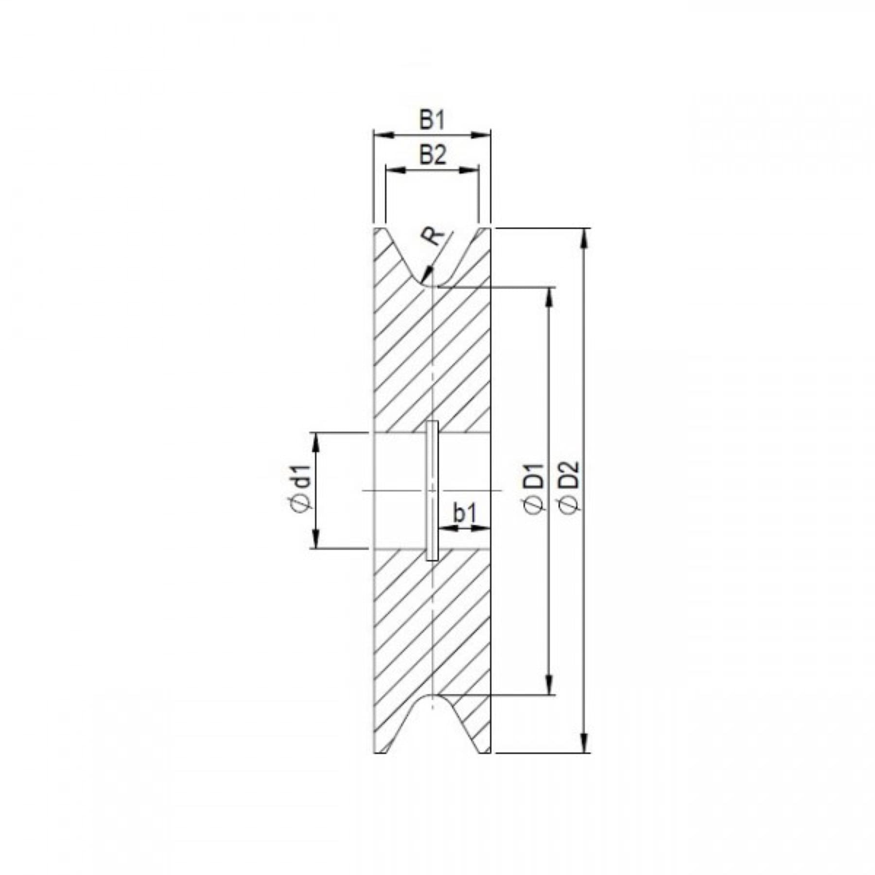 Technical drawing of a deflection roller, version K1F1LS1