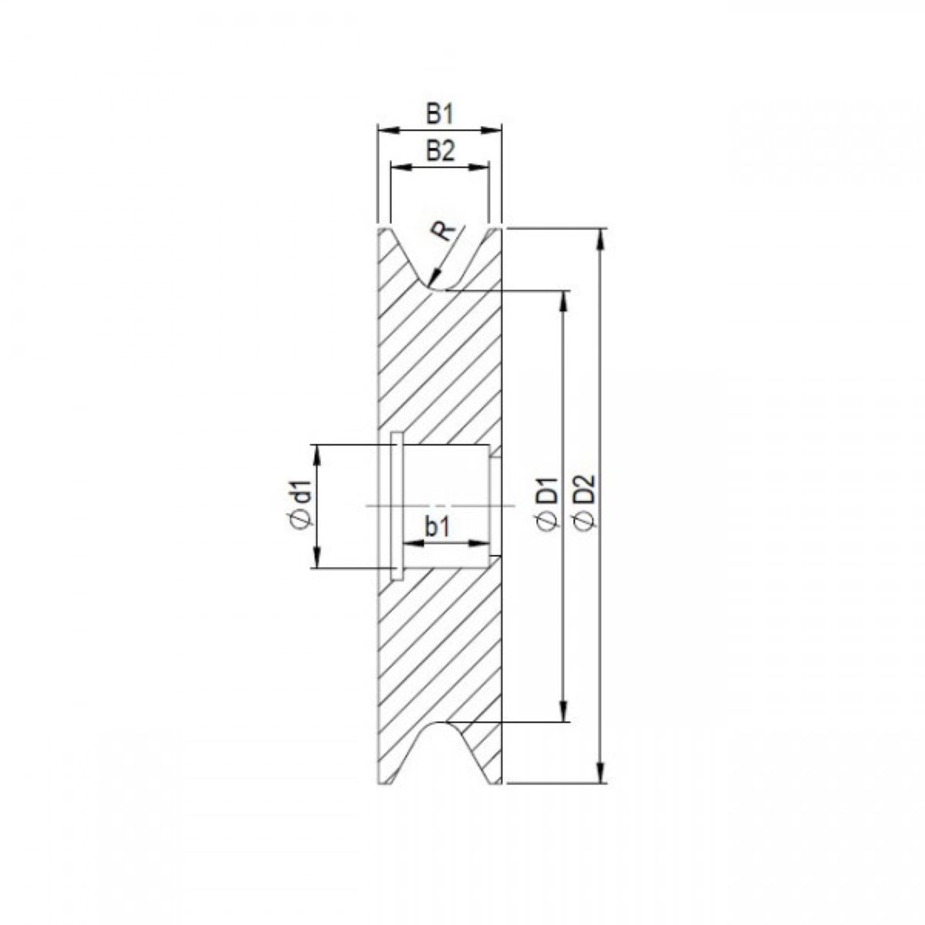 Technical drawing of a deflection roller, version K1F1LS2