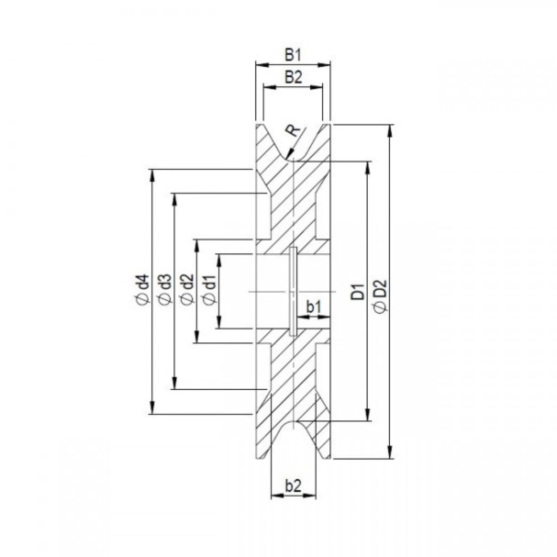 Technical drawing of a deflection roller, version K1F2LS1
