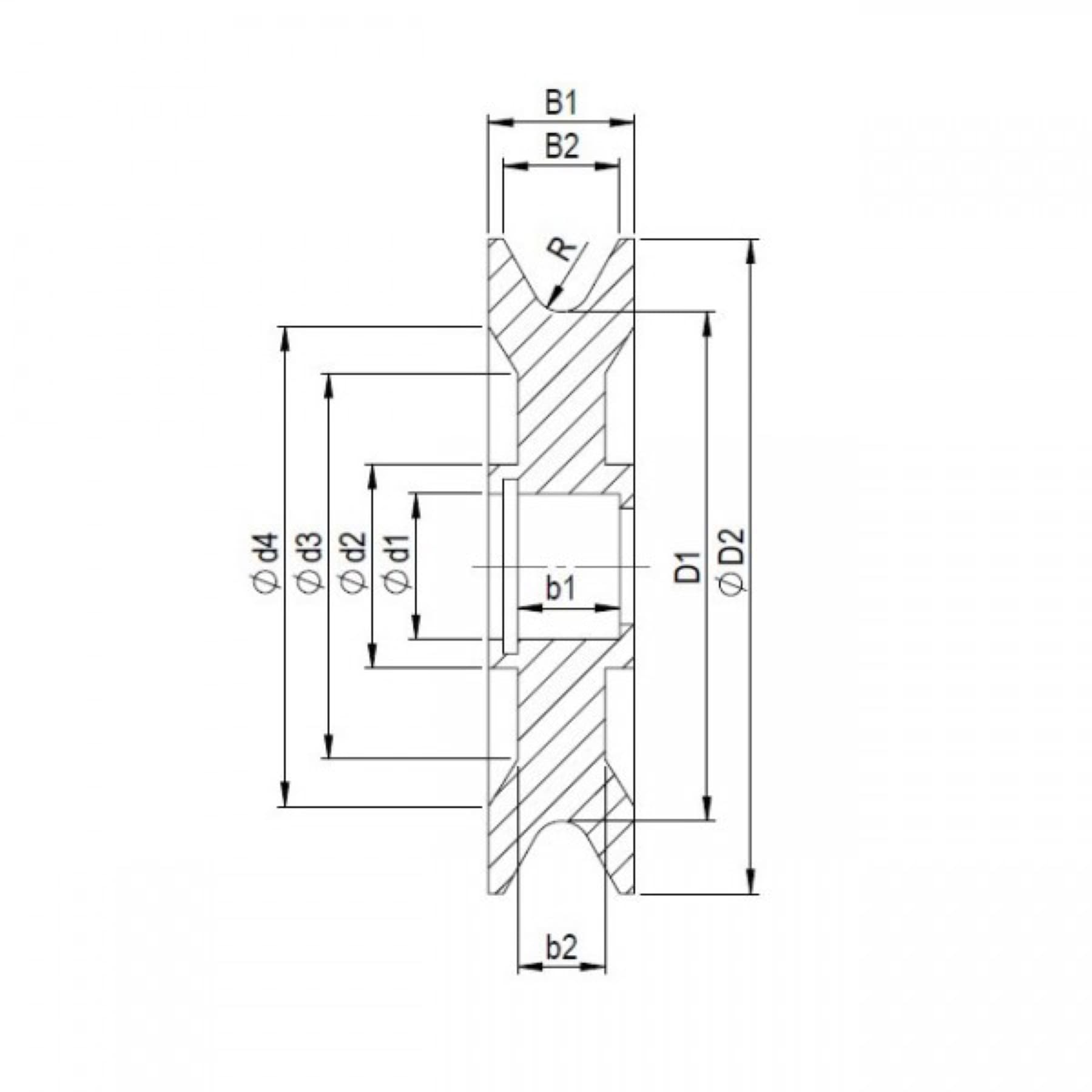 Technical drawing of a deflection roller, version K1F2LS2