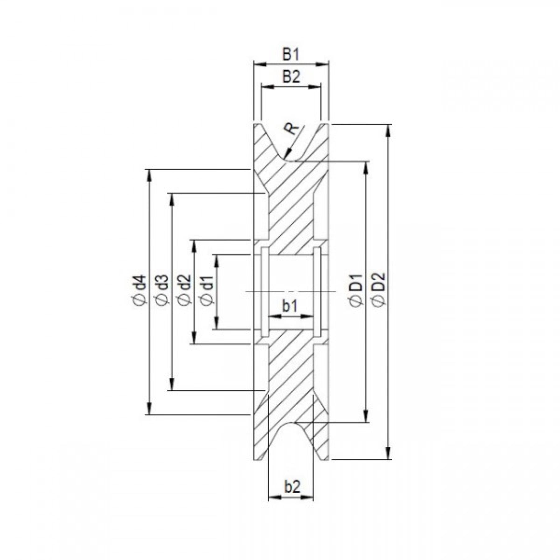 Technical drawing of a deflection roller, version K1F2LS3
