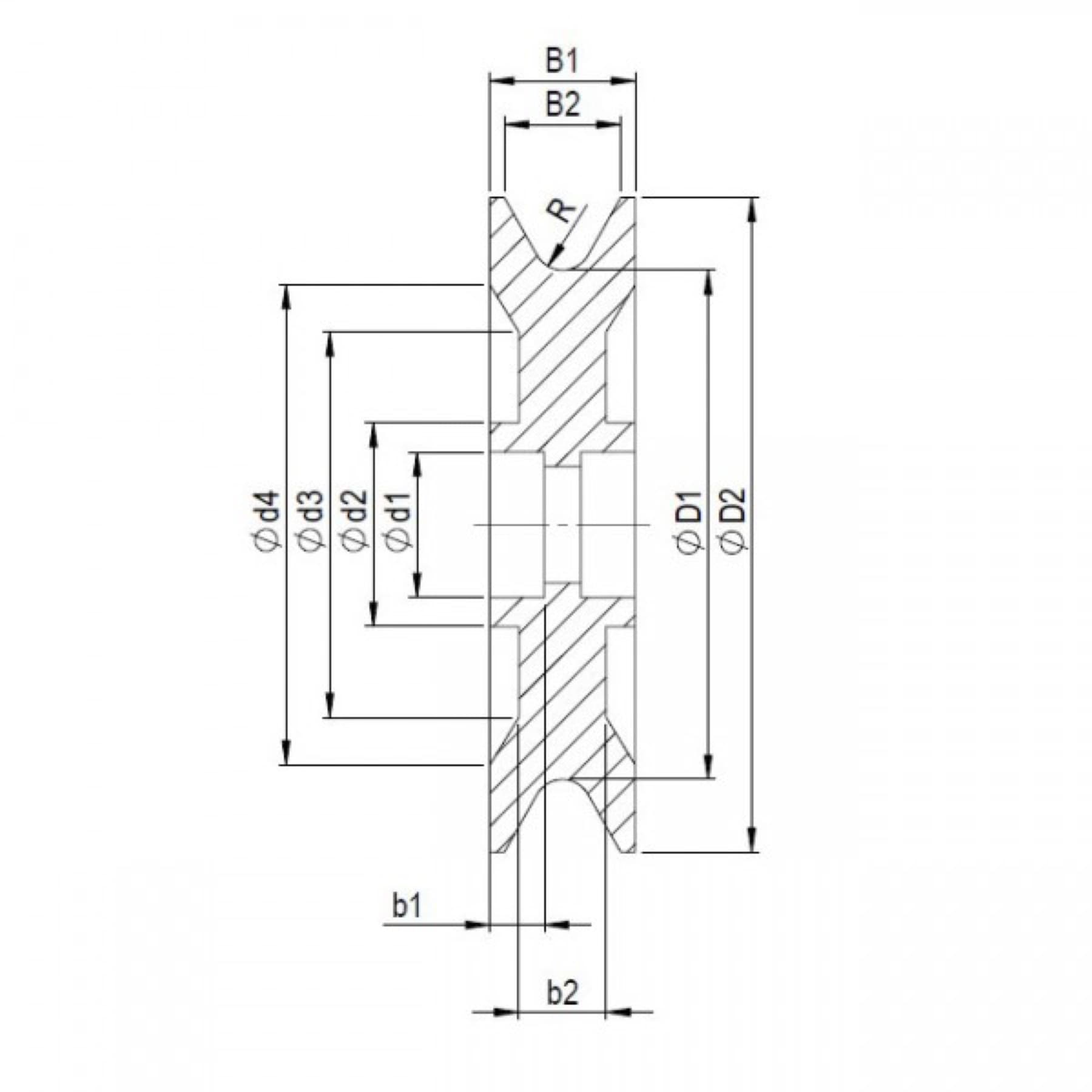 Technical drawing of a deflection roller, version K1F2LS4