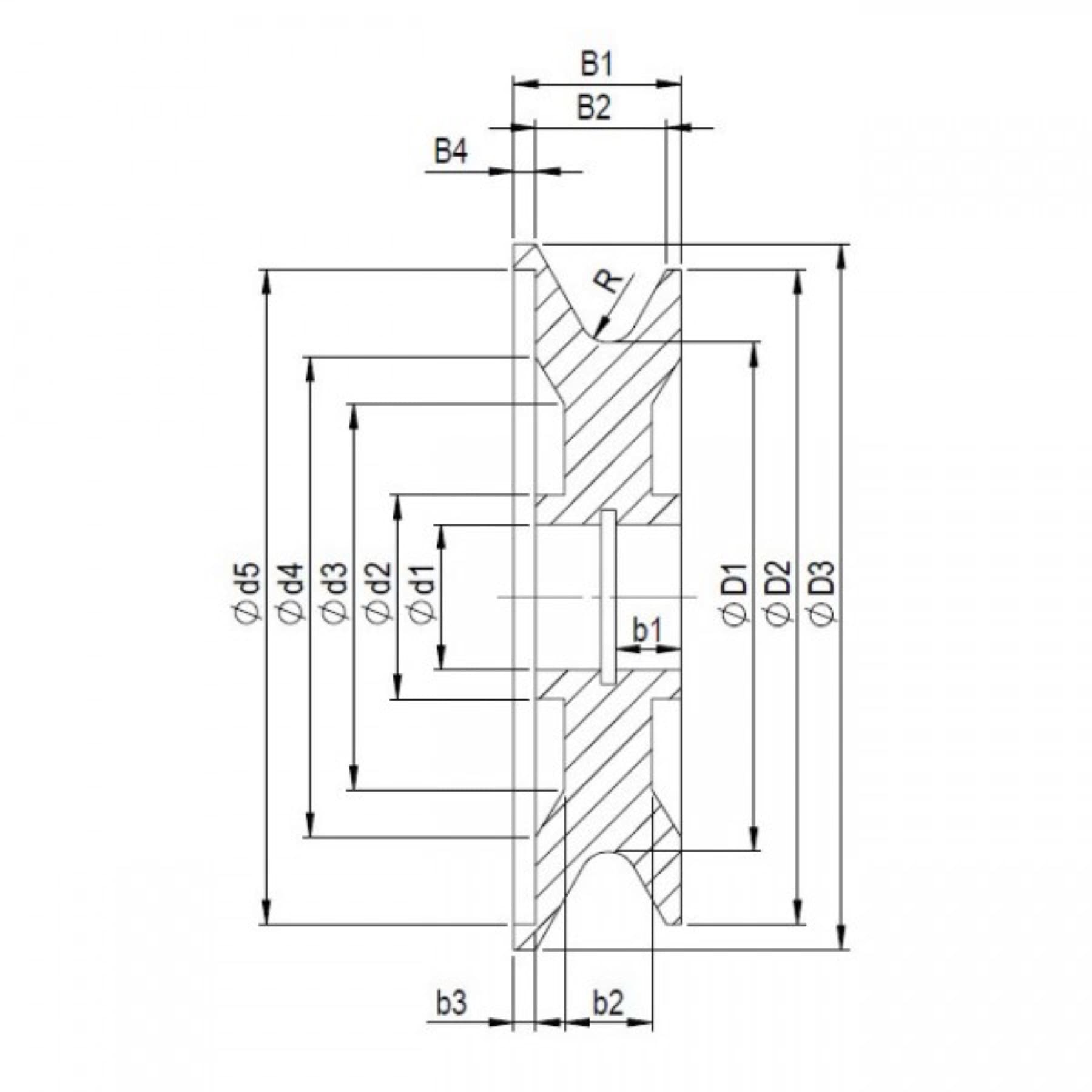 Technical drawing of a deflection roller, version K1F3LS1