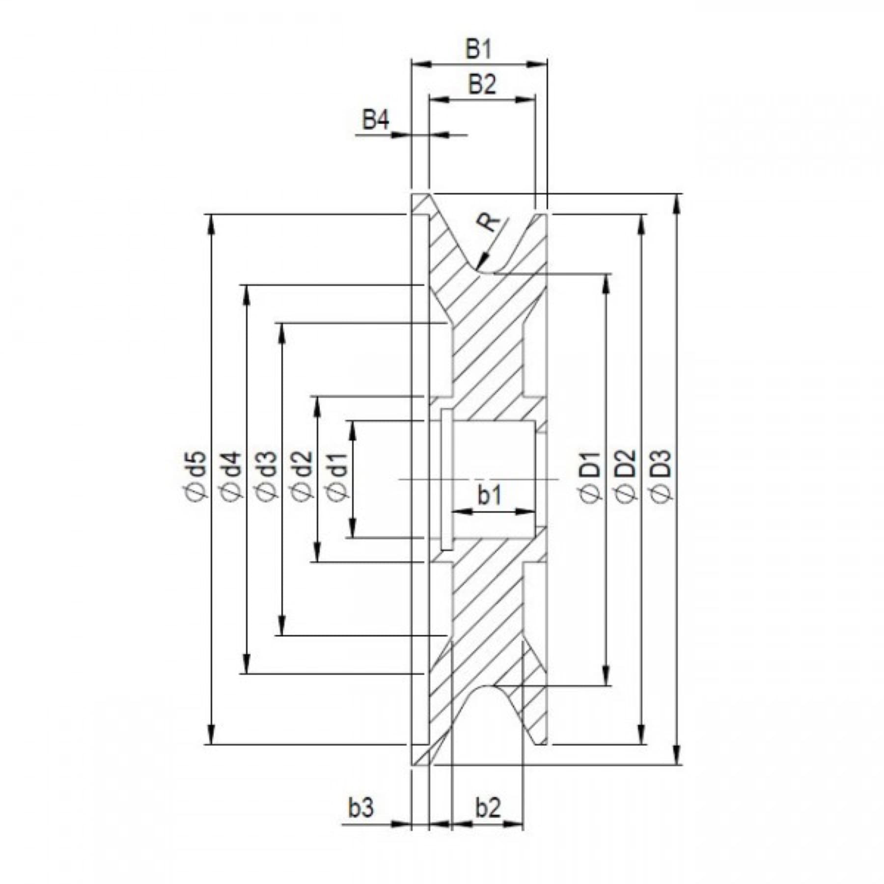Technical drawing of a deflection roller, version K1F3LS2