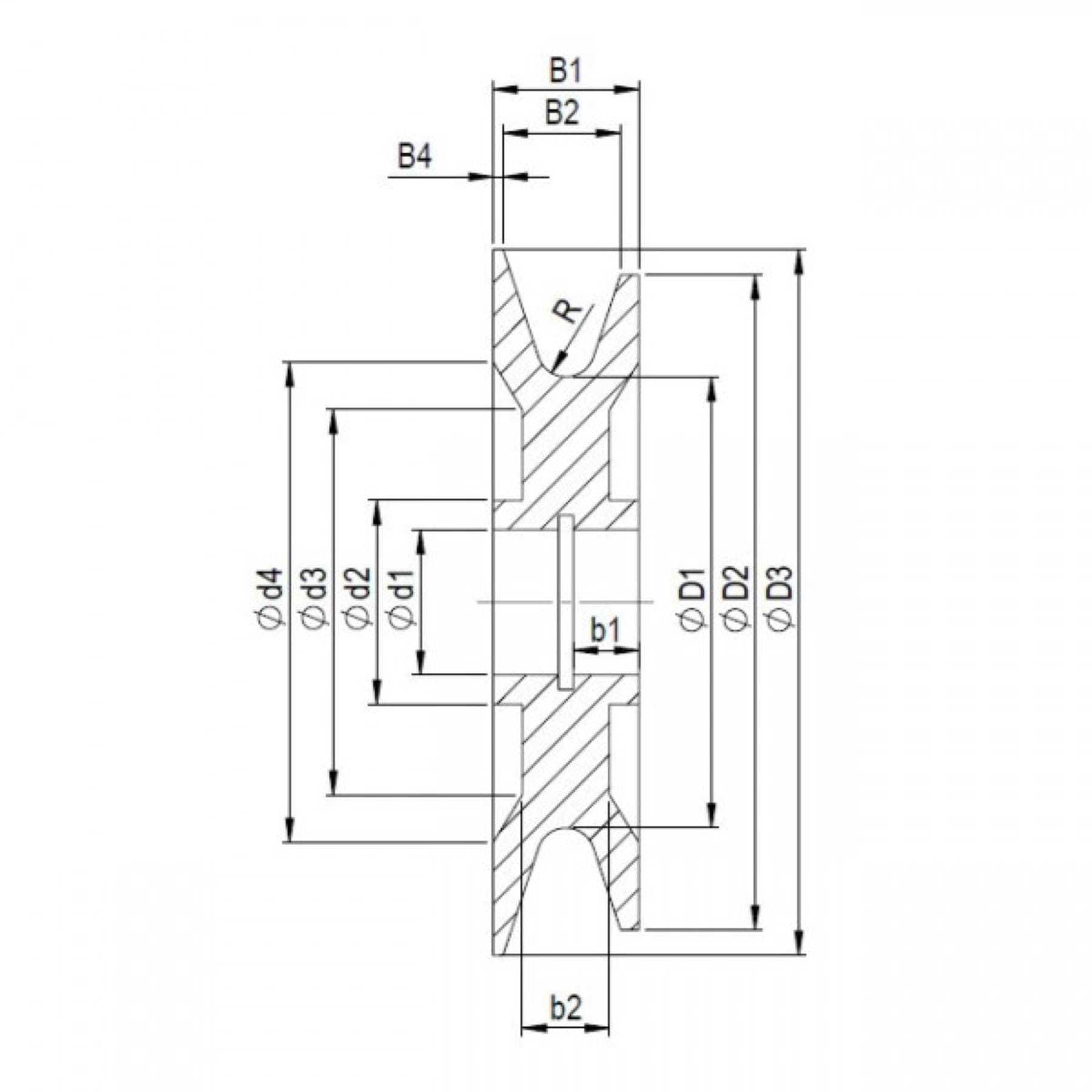 Technical drawing of a deflection roller, version K1F4LS1