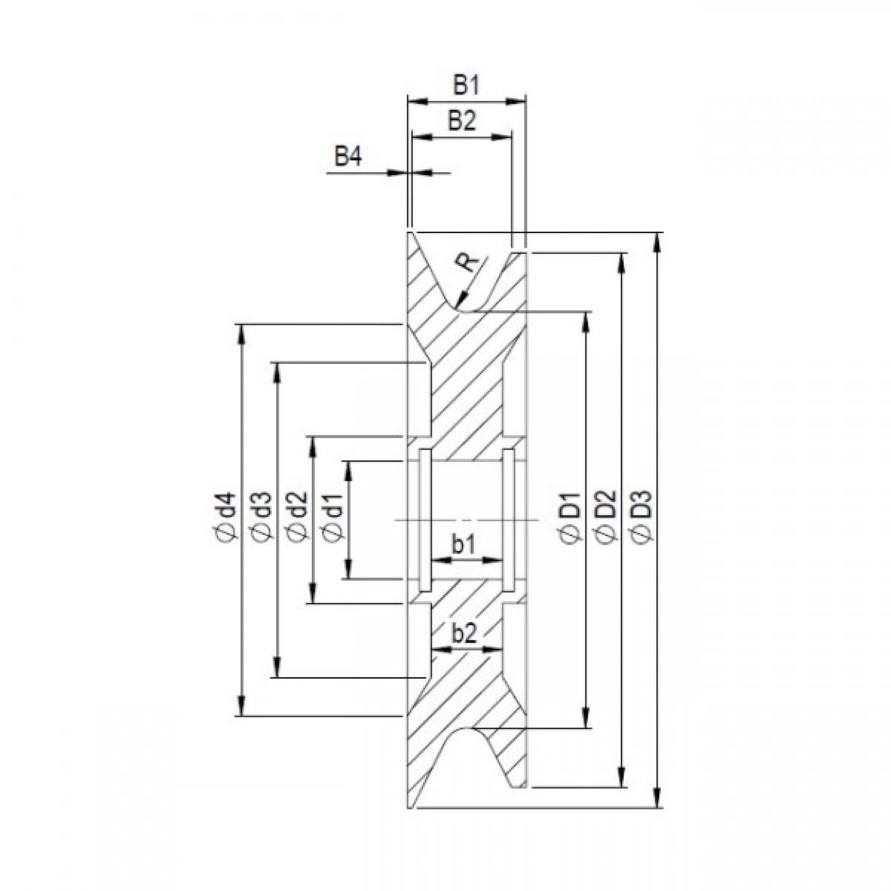 Technical drawing of a deflection roller, version K1F4LS3