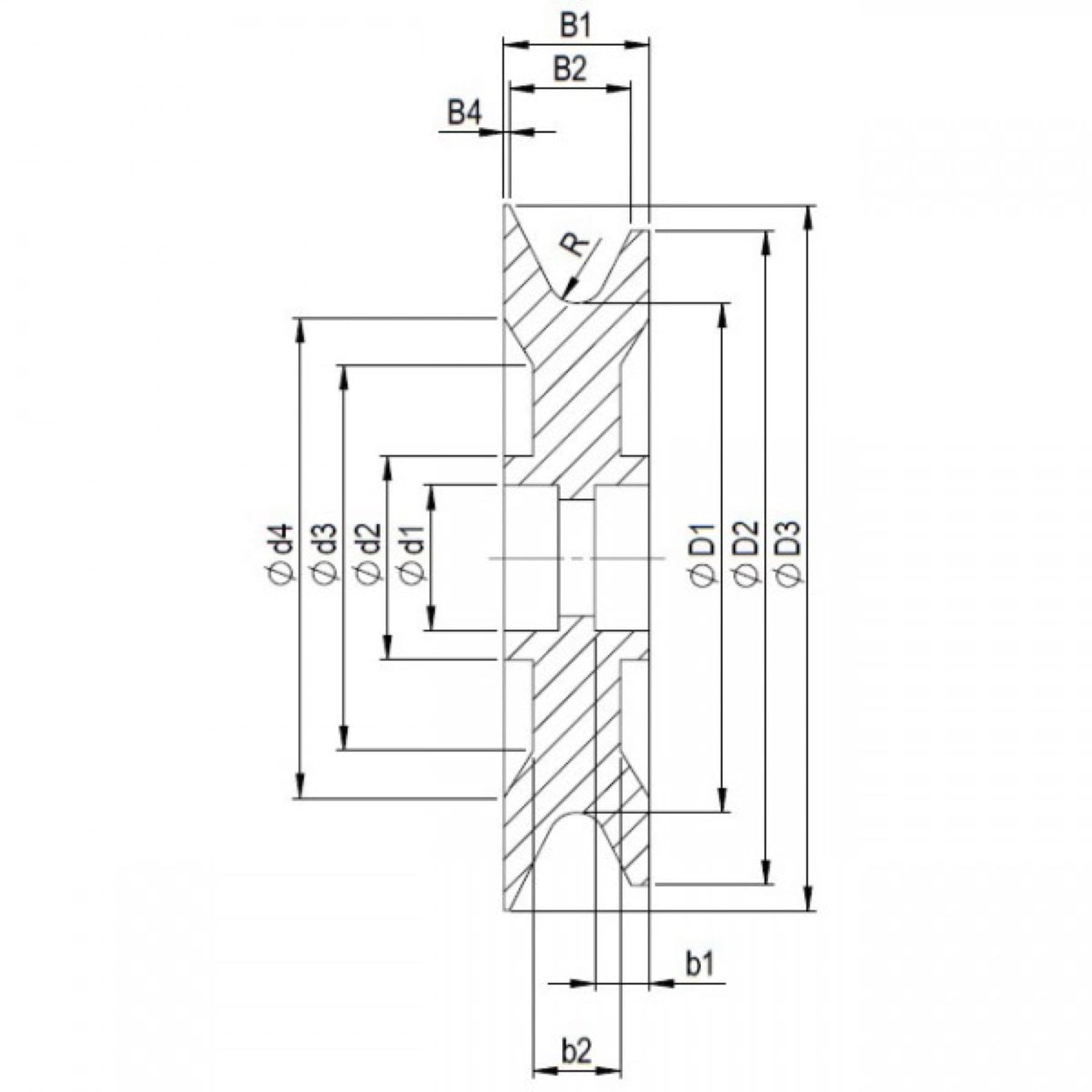 Technical drawing of a deflection roller, version K1F4LS4