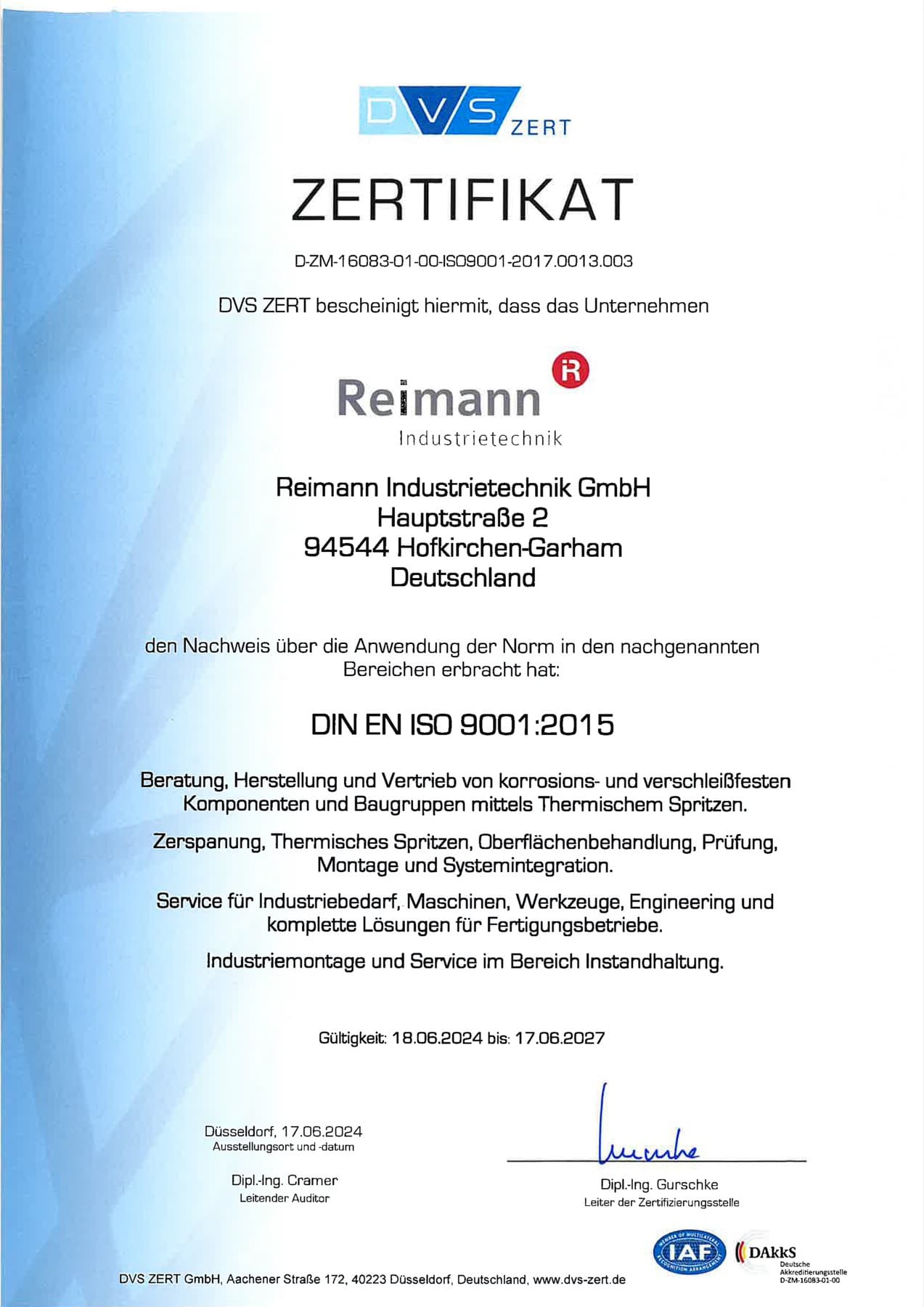 Zertifikat Reimann Industrietechnik